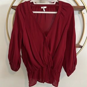 Joie 100% Silk Maroon Red V Neck Puff Sleeve Blouse M